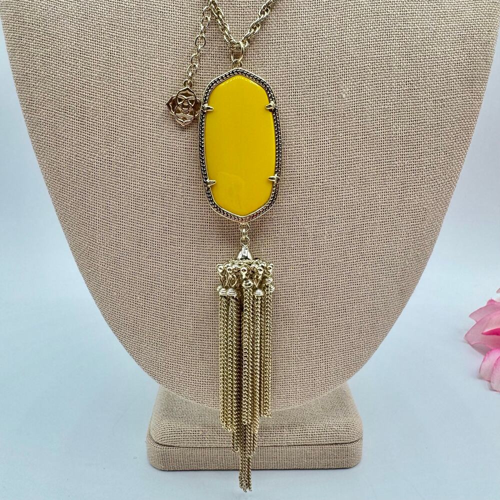 Kendra Scott Rayne Yellow Tassel Pendant Necklace Gold Tone Long Designer Signed